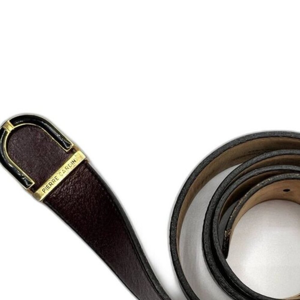 Pierre Cardin 80s Leather Belt Dark Brown Gold Buckle Enamel 36" Made in Italy
